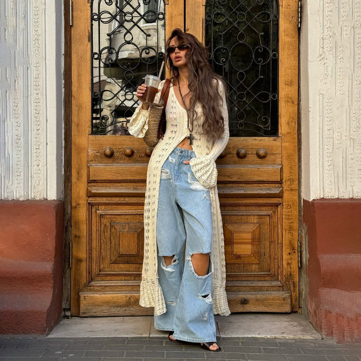 Knitted cardigan with hollow, flare sleeves for women
