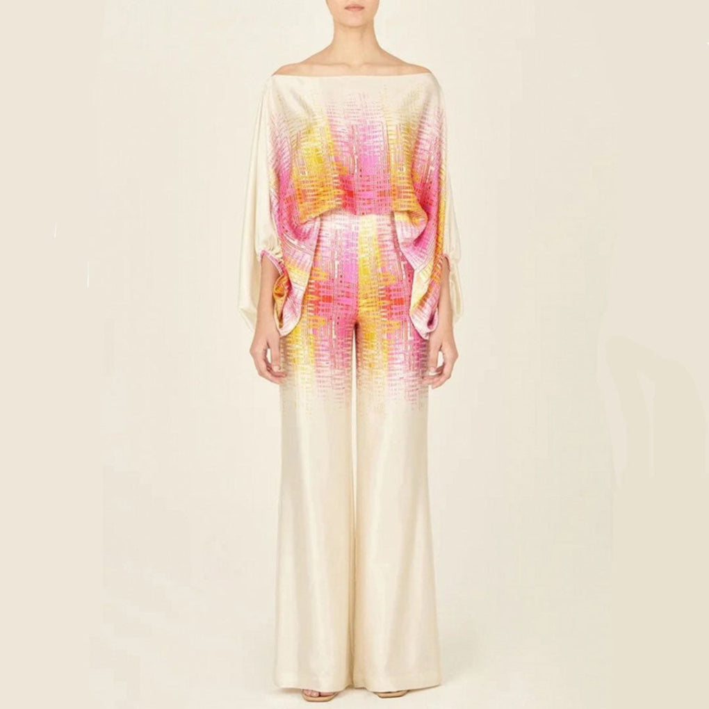 Two-piece satin set for women with off-shoulder style