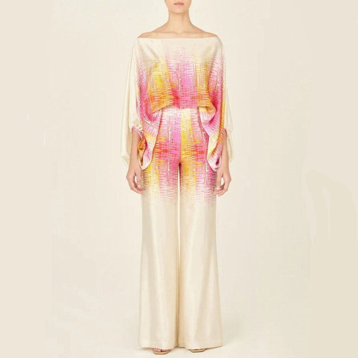 Two-piece satin set for women with off-shoulder style
