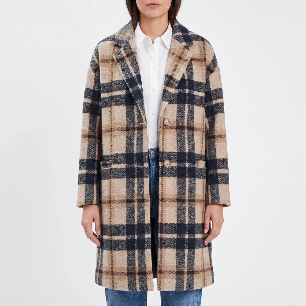 PlaidwellLong Checkered Lapel Coat For Women