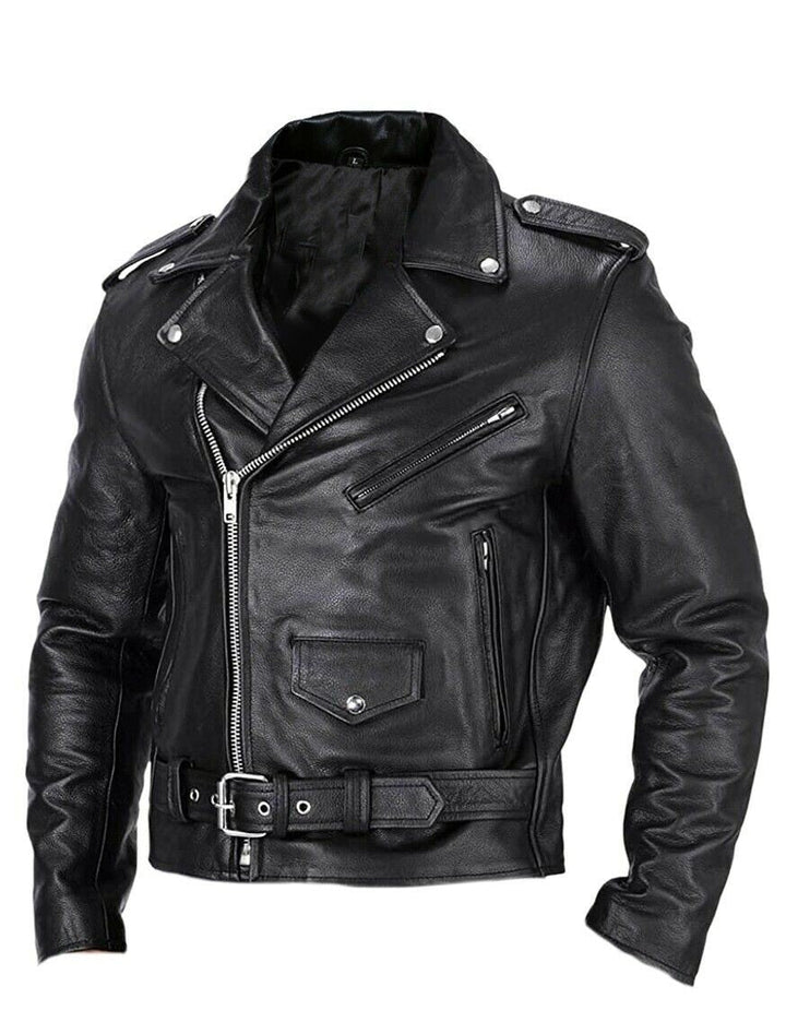 Men's motorcycle-style jacket with stand-up collar