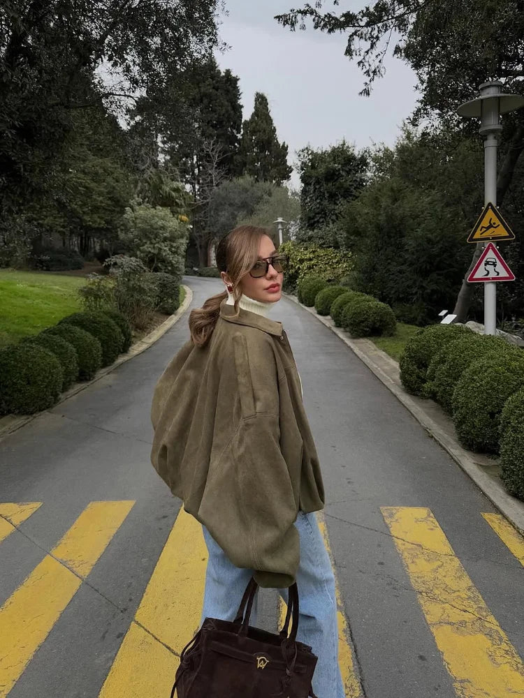 Women Bomber Jacket Green Suede | Chic-2