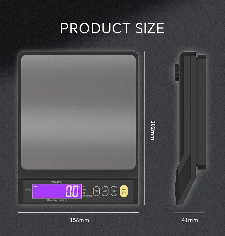 Digital elektronisk kjøkkenvekt 5 kg/0,1 g og 10 kg/1 g, LCD-skjerm, helt vanntett kjøkkenredskap i rustfritt stål