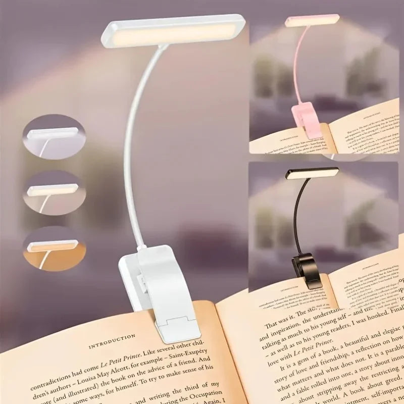 FlexiRead leselampe | USB-oppladbar | 3 lysfarger og dimbar | Klype og fleksibel arm
