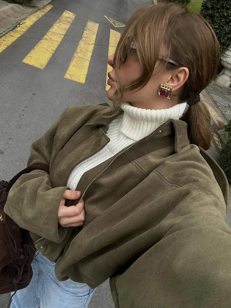 Women Bomber Jacket Green Suede | Chic-4