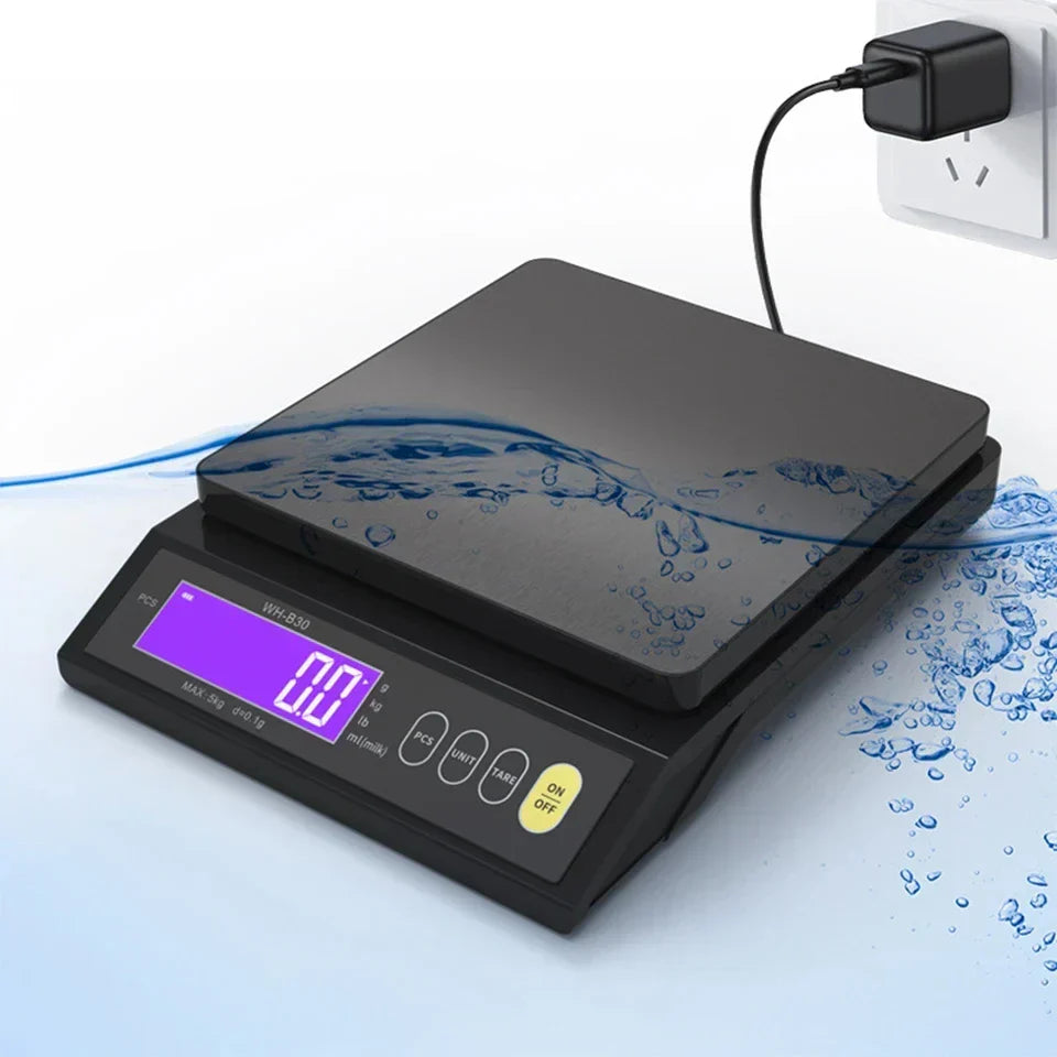 Digital elektronisk kjøkkenvekt 5 kg/0,1 g og 10 kg/1 g, LCD-skjerm, helt vanntett kjøkkenredskap i rustfritt stål