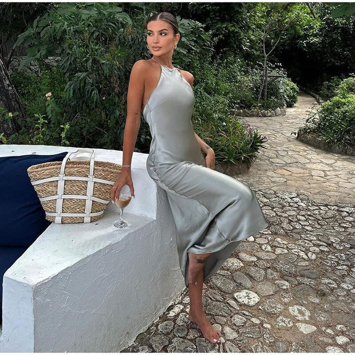 Sleeveless Satin Maxi Dress with Elegant Twist
