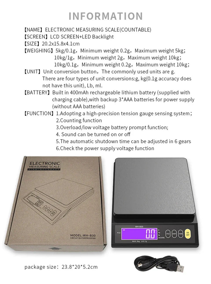 Digital elektronisk kjøkkenvekt 5 kg/0,1 g og 10 kg/1 g, LCD-skjerm, helt vanntett kjøkkenredskap i rustfritt stål