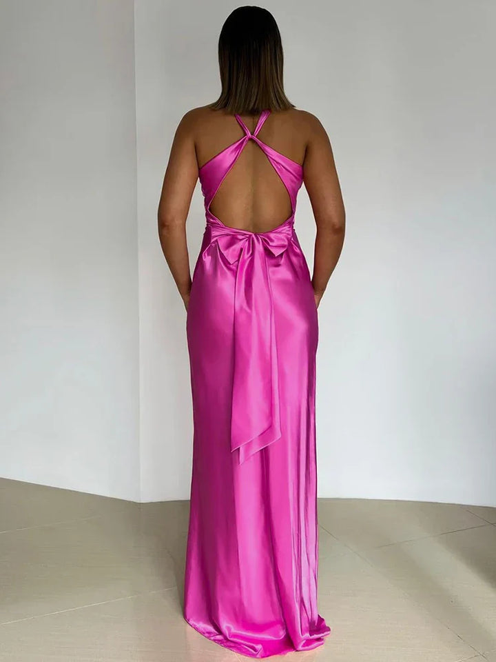Satin dress with halterneck