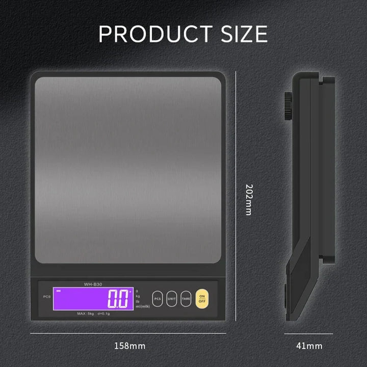 Digital elektronisk kjøkkenvekt 5 kg/0,1 g og 10 kg/1 g, LCD-skjerm, helt vanntett kjøkkenredskap i rustfritt stål