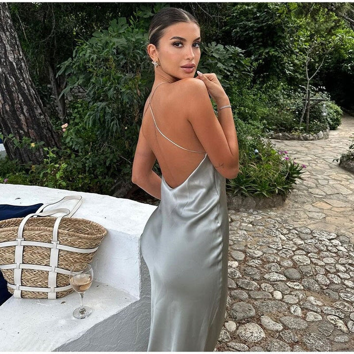 Sleeveless Satin Maxi Dress with Elegant Twist