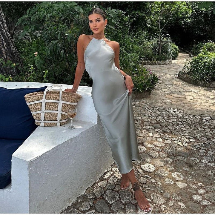 Sleeveless Satin Maxi Dress with Elegant Twist