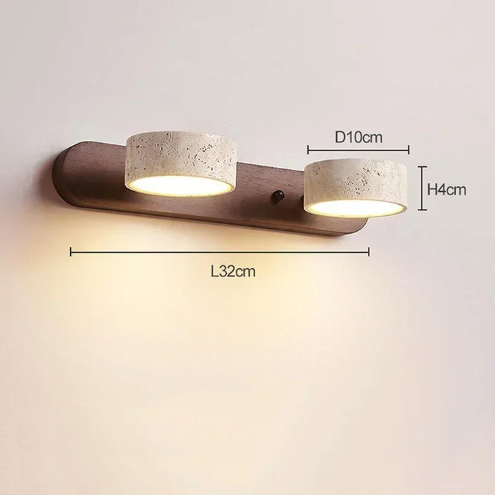 Moderne LED-vegglampe med dreibare skjermer i stein og fot i tre