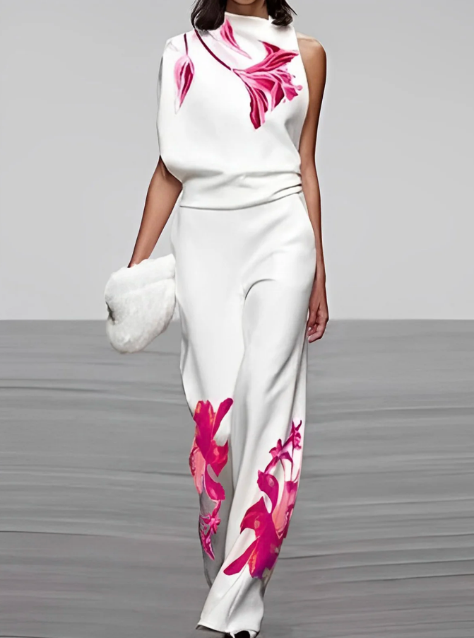 Floral two-piece set with asymmetric top