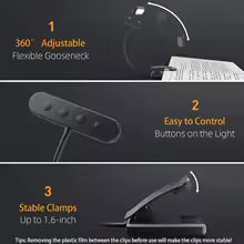 FlexiRead leselampe | USB-oppladbar | 3 lysfarger og dimbar | Klype og fleksibel arm