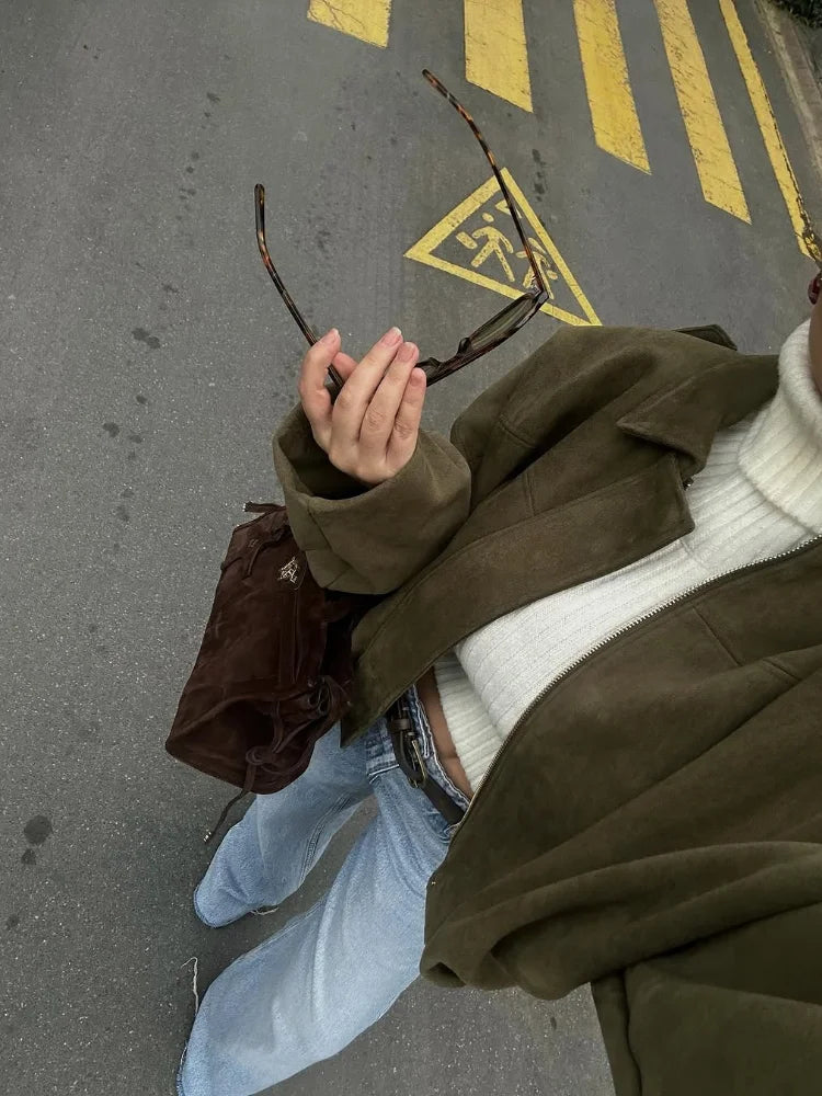 Women Bomber Jacket Green Suede | Chic-5