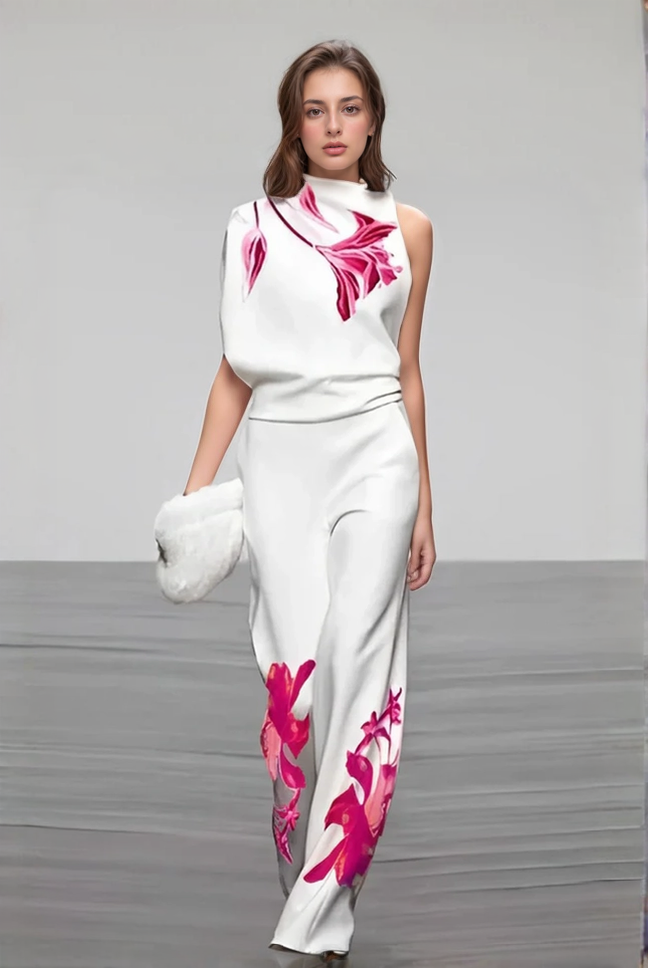 Floral two-piece set with asymmetric top