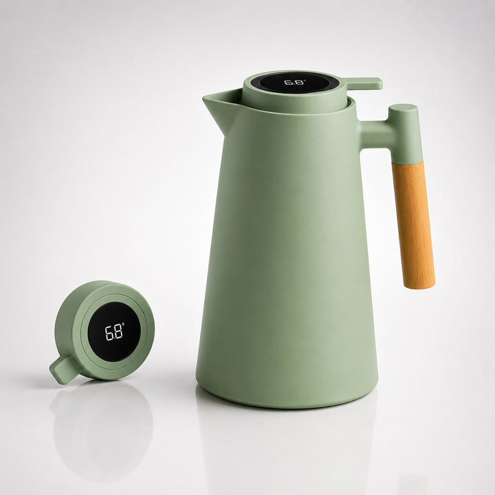 Termoskanne 1 liter med temperaturdisplay i korken og lekkasjefri tut