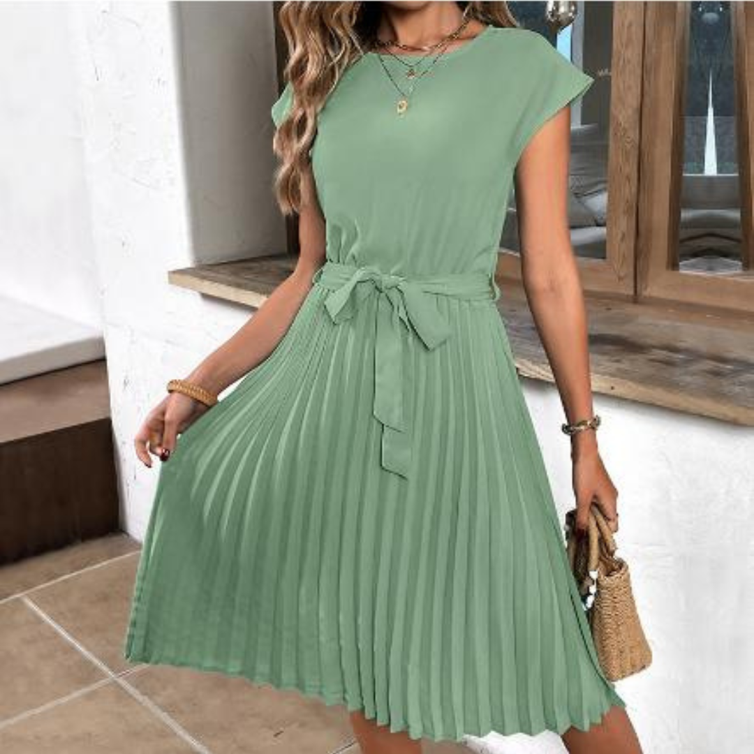 Short-sleeved Pleated Mini Dress with Elegant V-neck