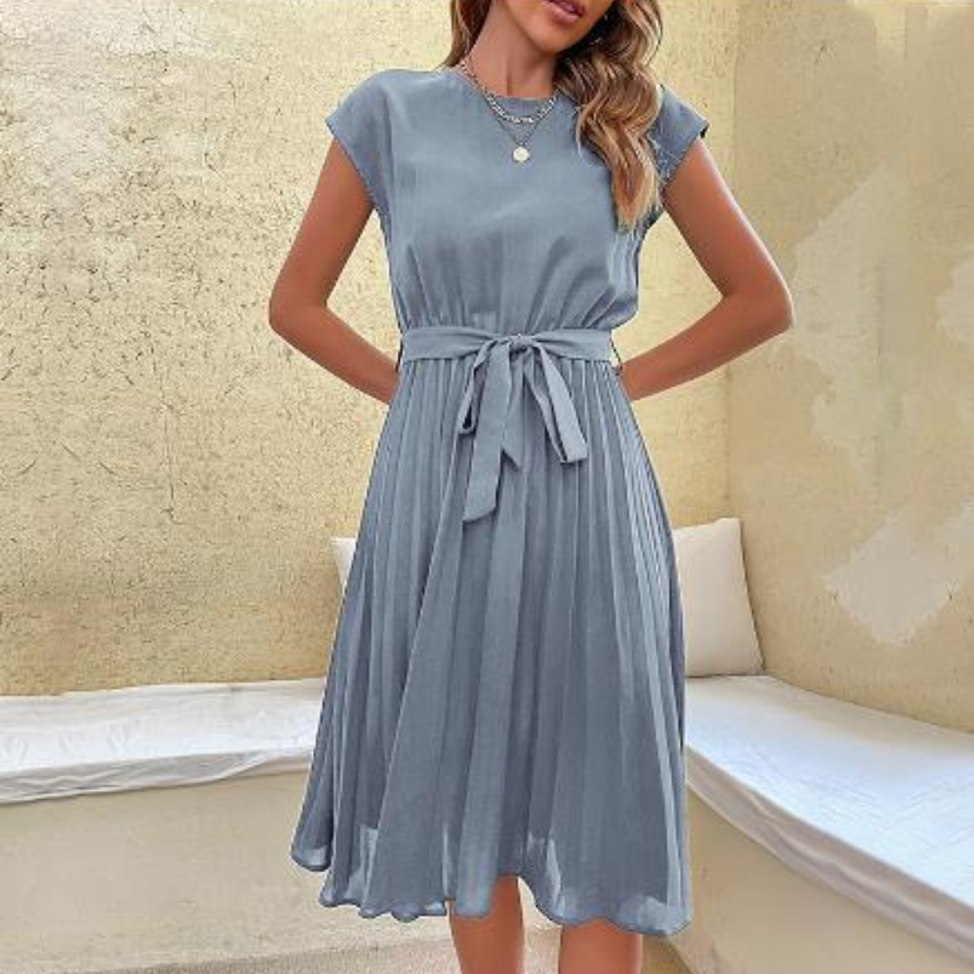 Short-sleeved Pleated Mini Dress with Elegant V-neck