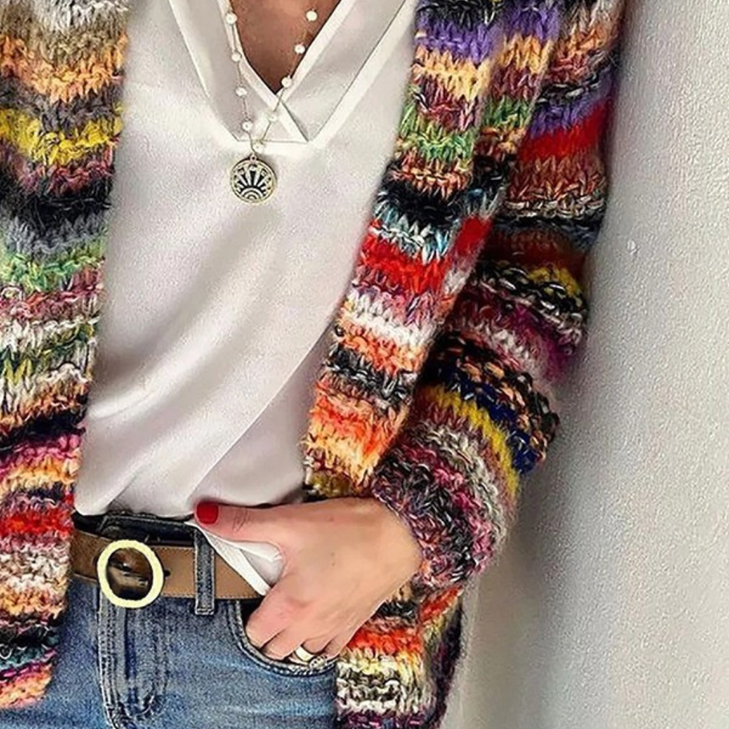Dame cardigan med striper – Langermet