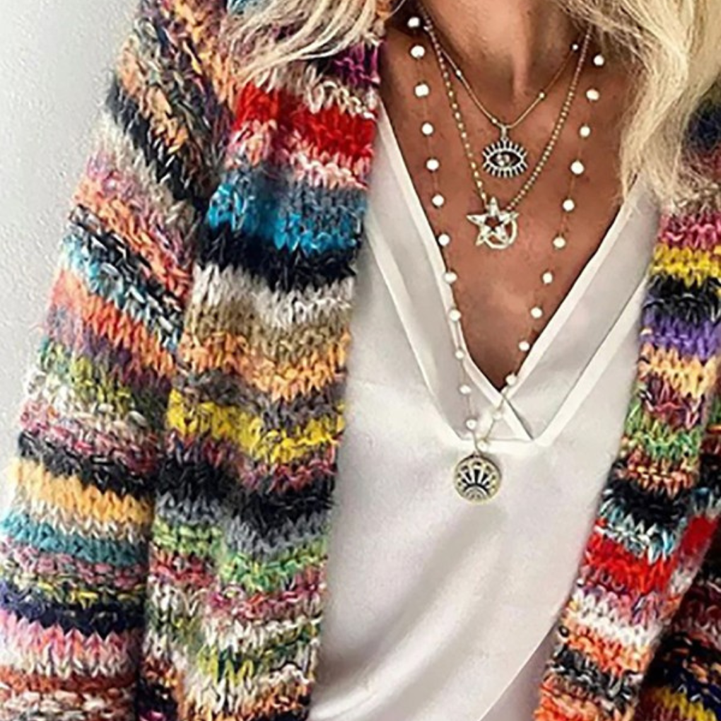 Dame cardigan med striper – Langermet