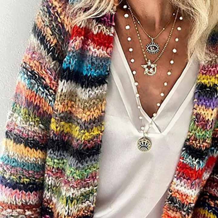 Dame cardigan med striper – Langermet