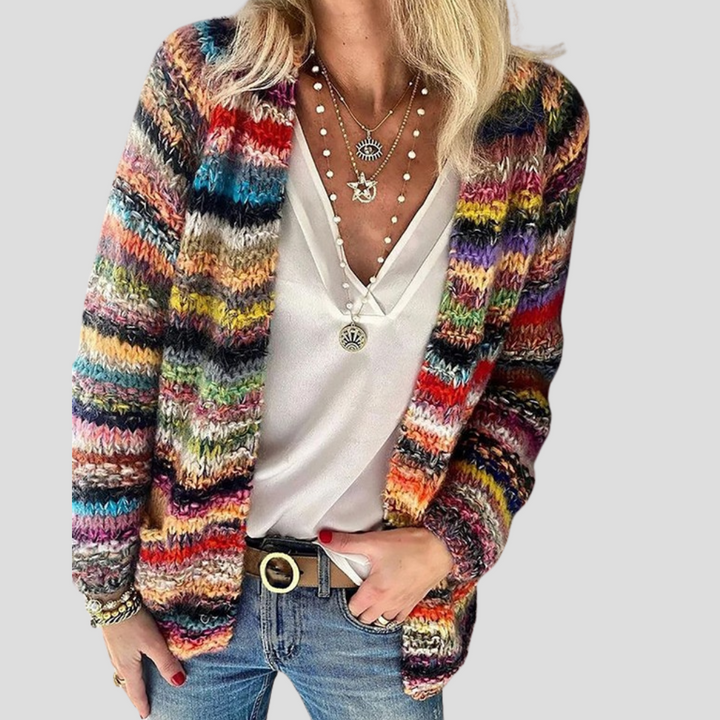 Dame cardigan med striper – Langermet