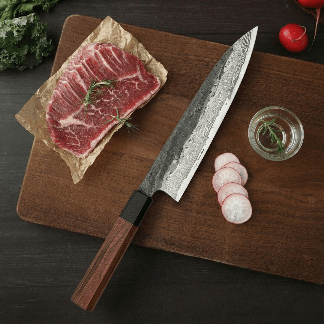 Kiritsuke-kniv, blad i rustfritt stål, skaft i jerntre, 8,5 tommer