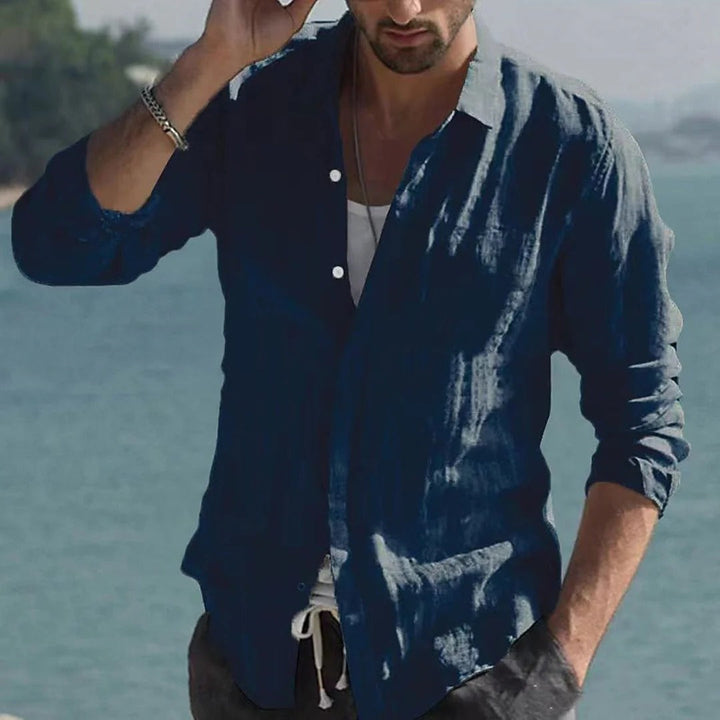 Airy Linen Shirt with Wrap Collar for Men