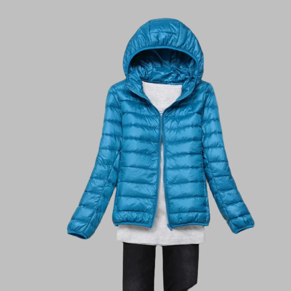 Ultralight, packable down jacket with hood for women
