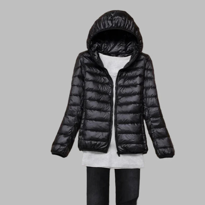 Ultralight, packable down jacket with hood for women