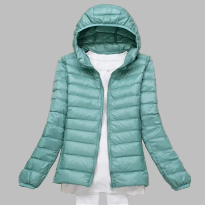 Ultralight, packable down jacket with hood for women