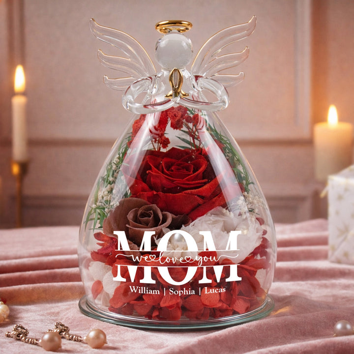 Glassengel med stabilisert rose og LED-lys
