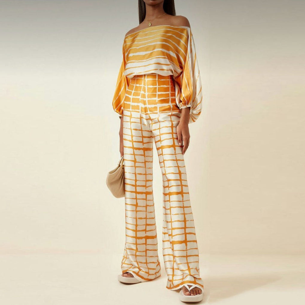 Two-piece satin set for women with off-shoulder style