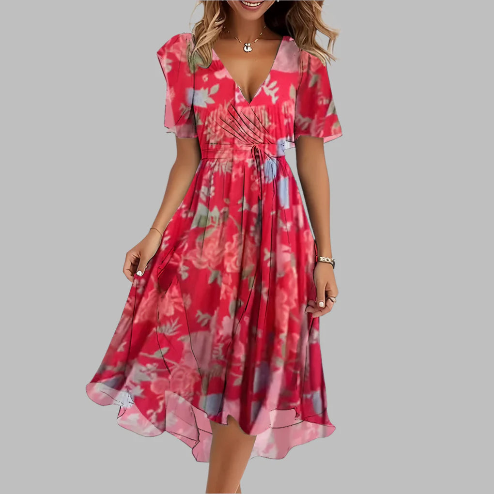 Stylish midi dress with floral pattern and gathers for women