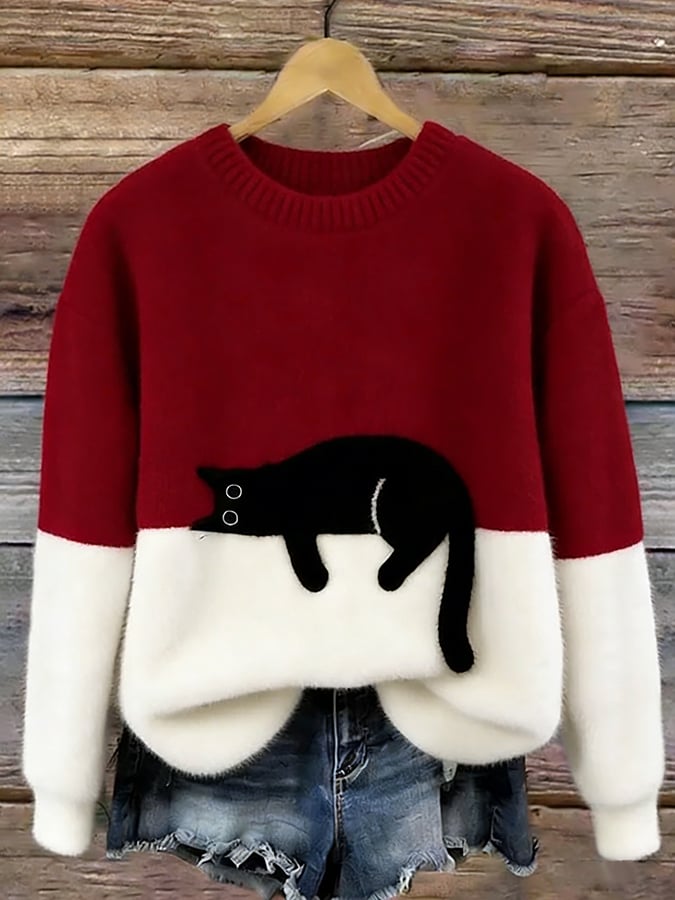 Oversized genser med kattetrykk