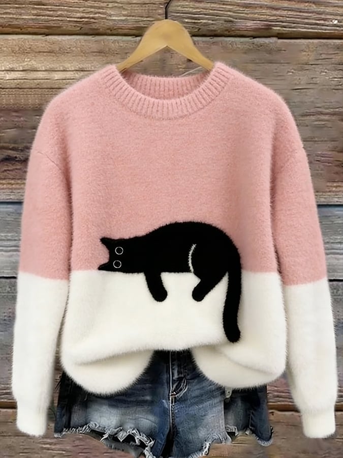 Oversized genser med kattetrykk
