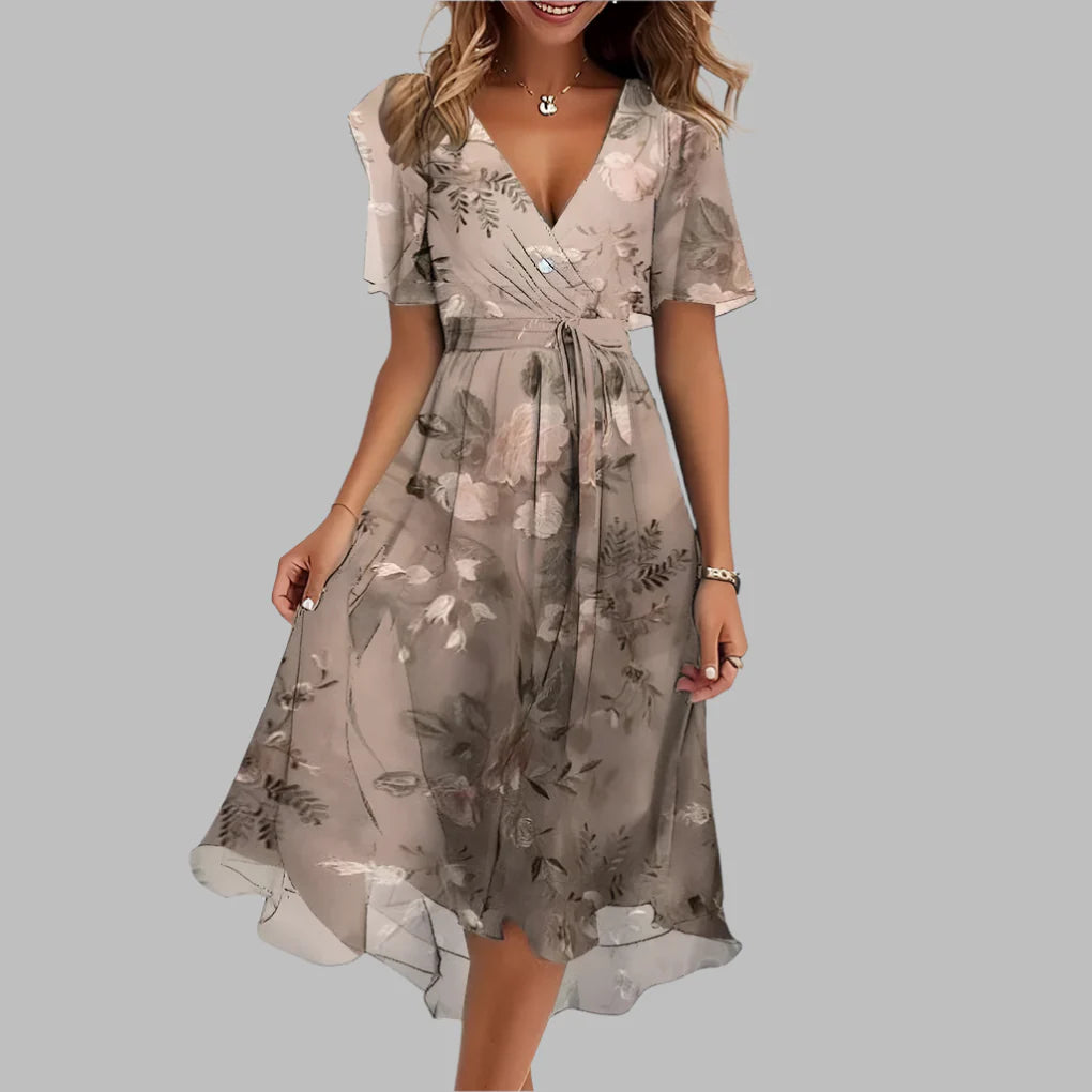 Stylish midi dress with floral pattern and gathers for women