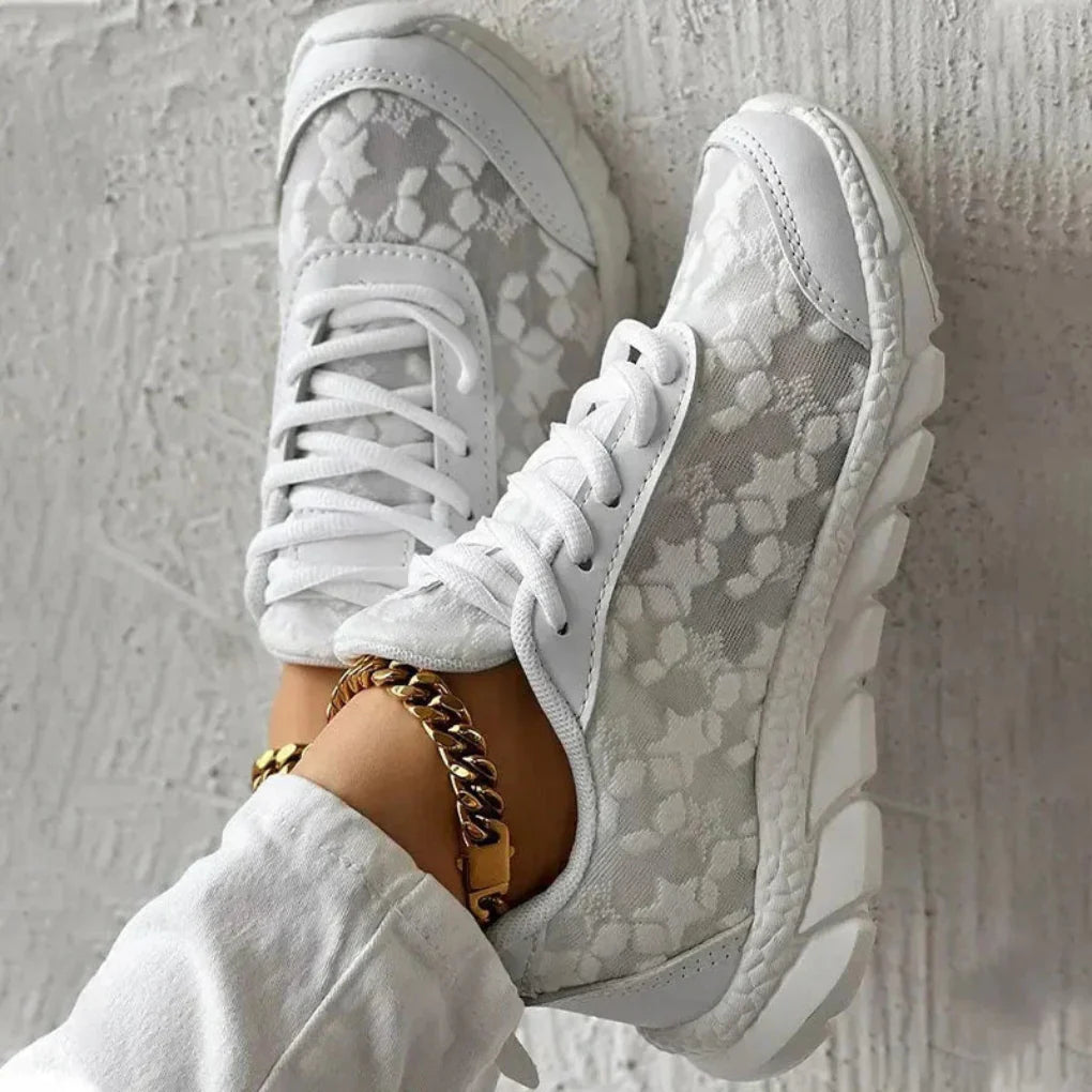 Breathable sneakers with star pattern and lace-up closure for women