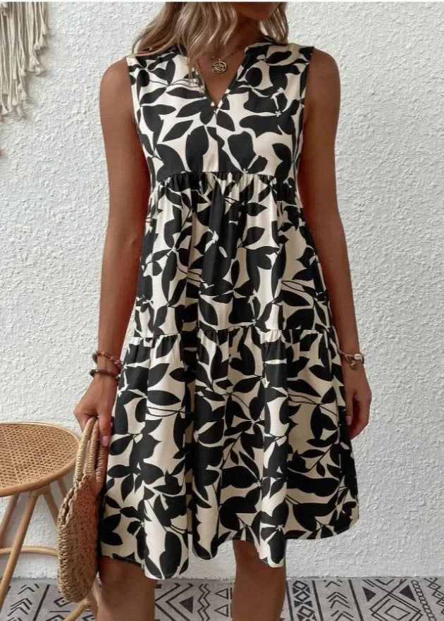 Elegant summer dress with V-neck and feminine silhouette