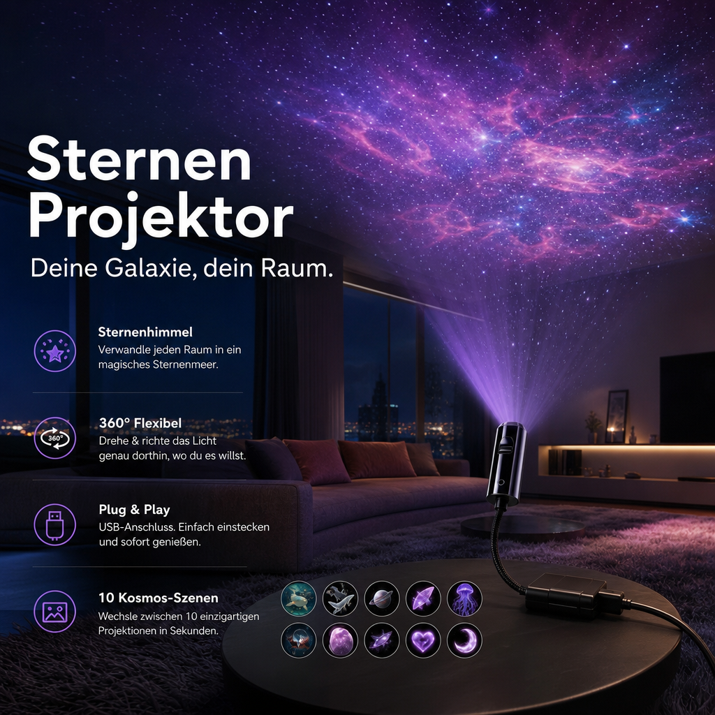 Stjerneprojektor nattlys med 10 utskiftbare bildeplater, USB-drevet