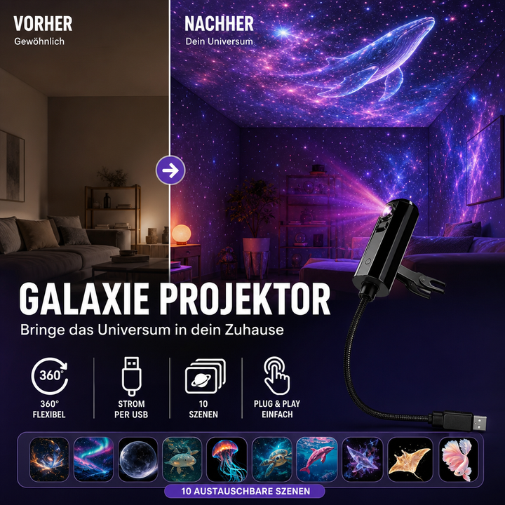 LED galakse-stjerneprojektor med 10 lysbilder og fleksibel USB-arm
