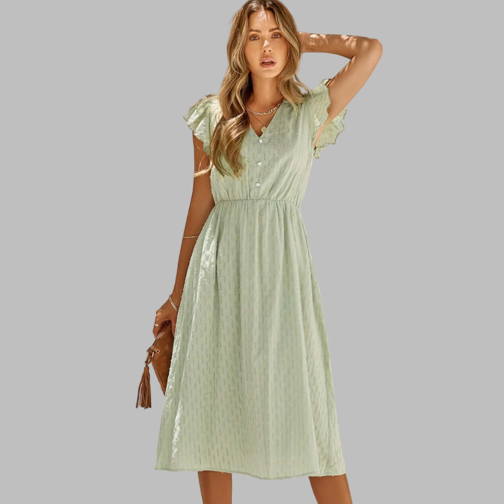 Women's dress with fluttering V-neck and ruffles
