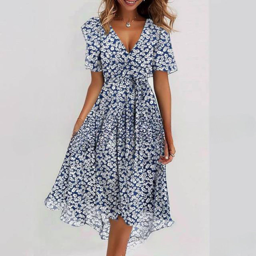 Flowers Printed V-neck Dress Summer A-line Short-sleeved Dresses For Women