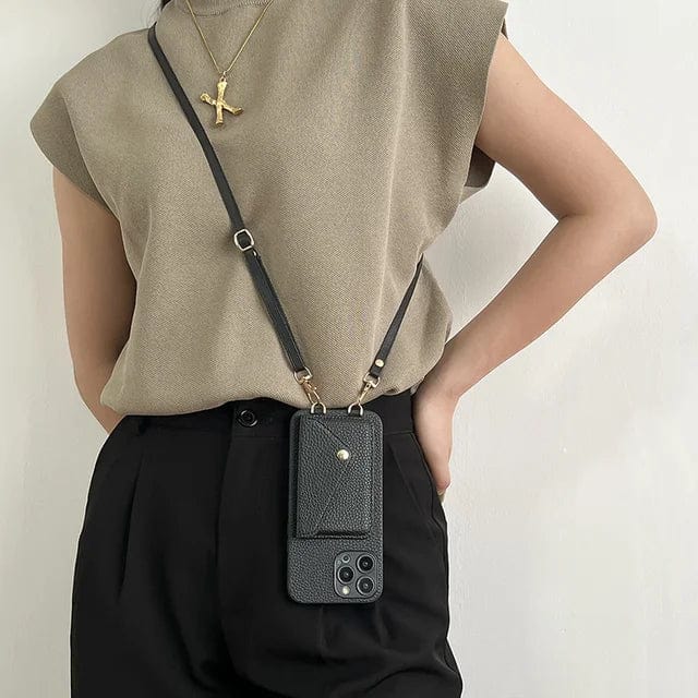 Elegant crossbody phone bag in leather with card holder and key strap