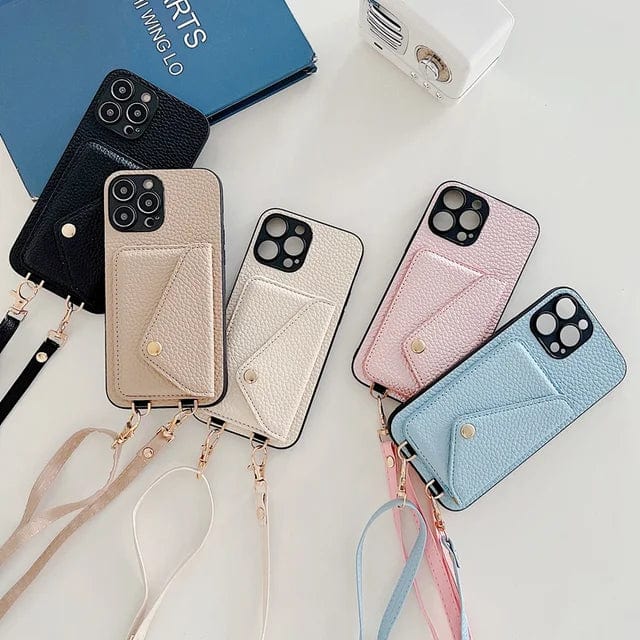 Elegant crossbody phone bag in leather with card holder and key strap