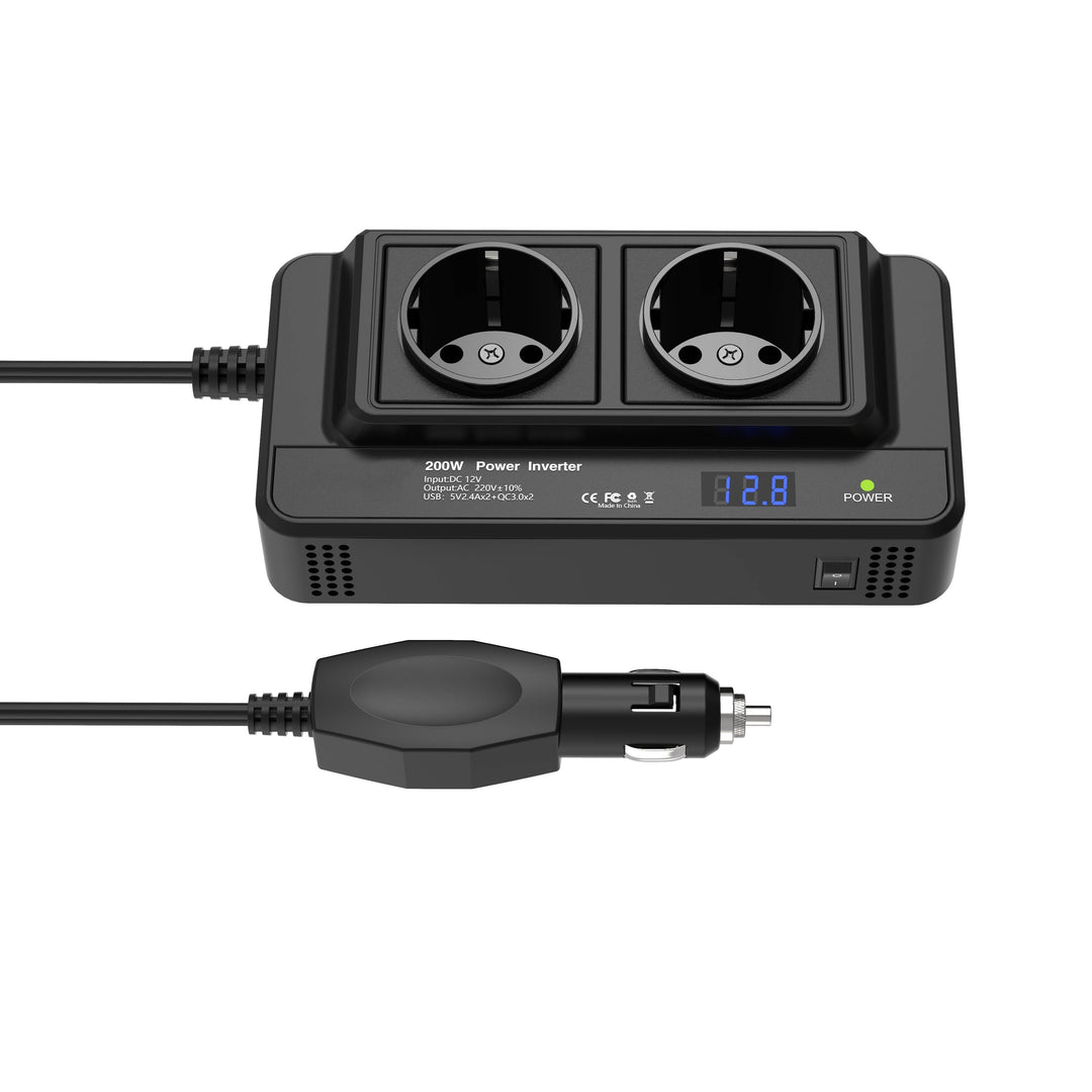 Kompakt bilinverter 200W – To stikkontakter og fire USB-porter