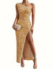 Elegant En-Skulder Paillett Maxi Kjole med Splitt