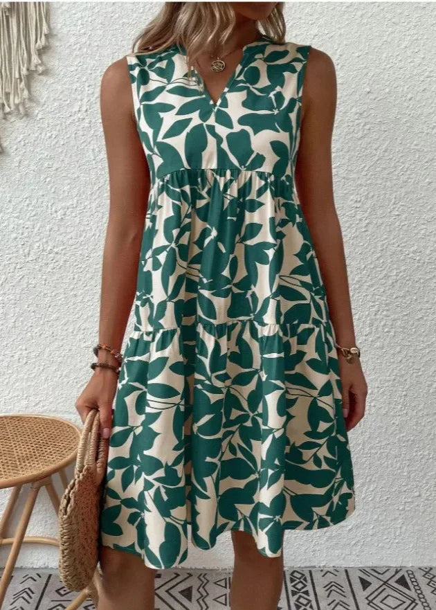Elegant summer dress with V-neck and feminine silhouette